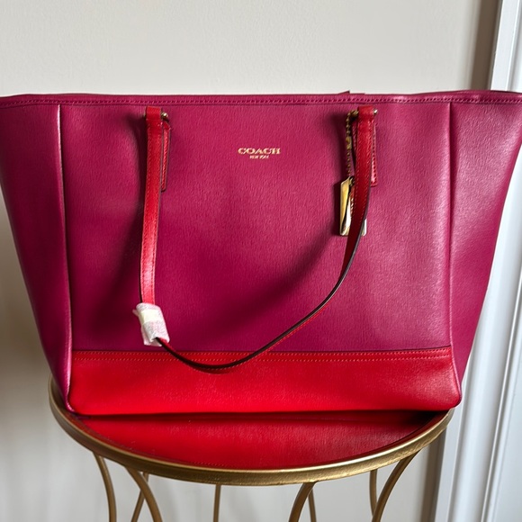 Coach Pink and Red Color-Blocked Leather Tote - Picture 1 of 9